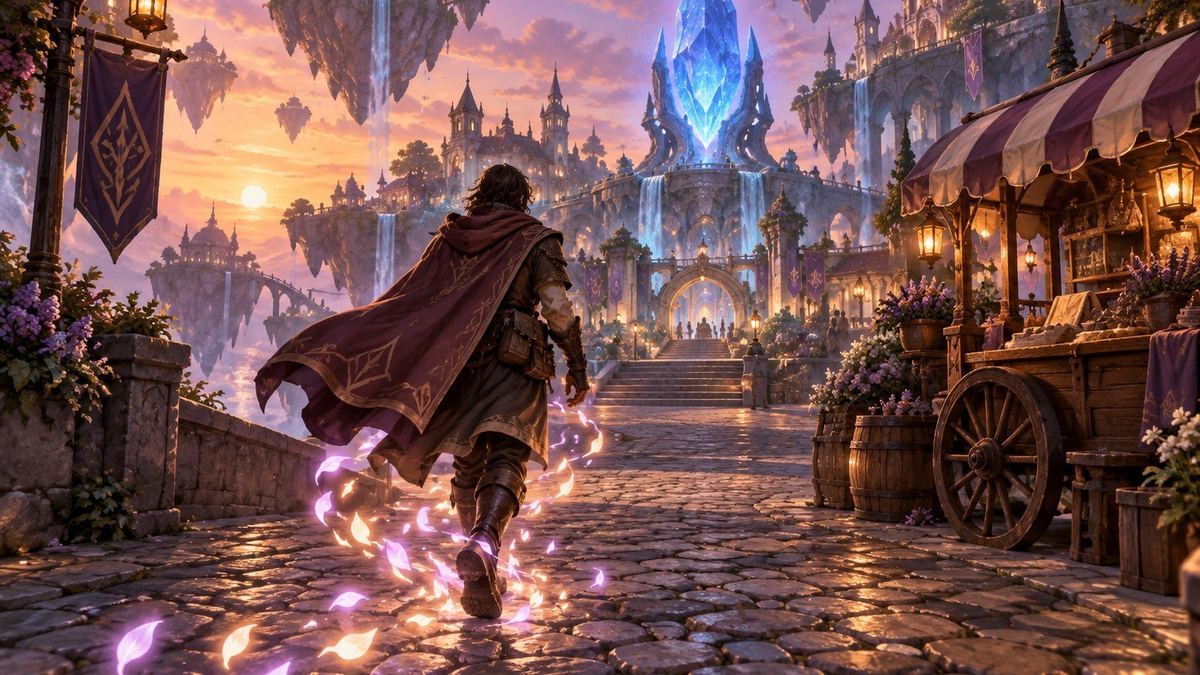 Dawnstep: a trail of light petals rising from a Warden's steps